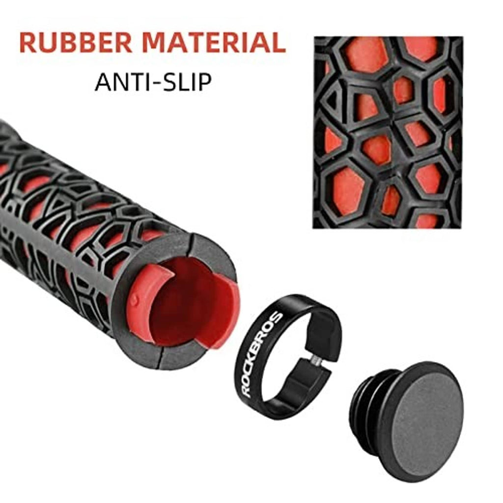 Textured rubber red-and-black bike grips with anti-slip pattern and end cap