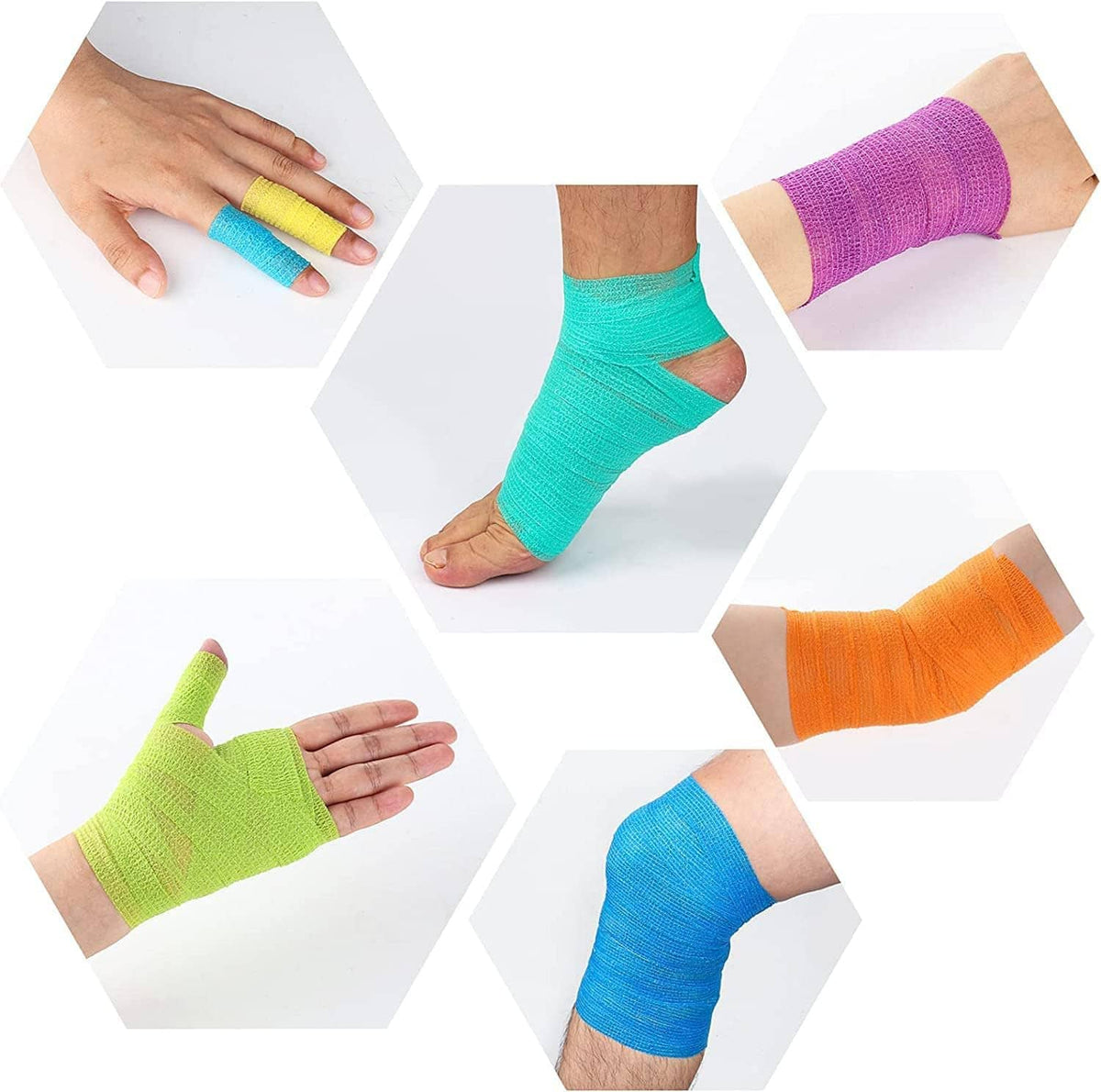 Self-adhesive elastic bandage wrap being applied to ankles and wrists in blue and purple