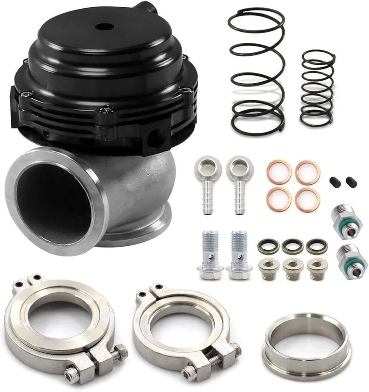 External turbo wastegate kit with black housing, springs, fittings, and gaskets