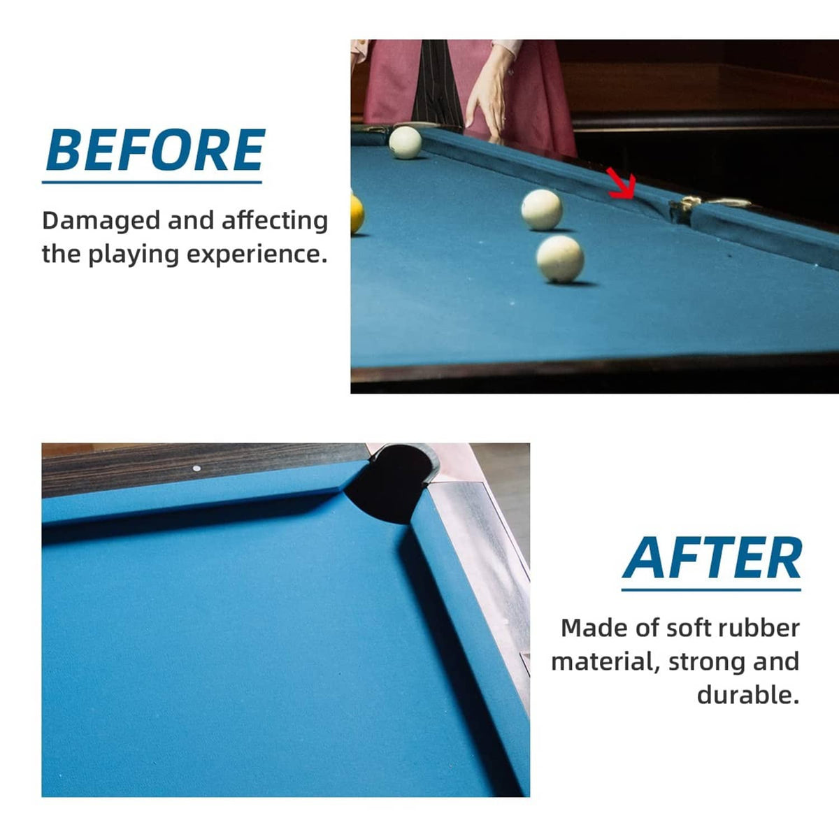 Pool table rail rubber bumper, before-and-after corner attachment on blue rail