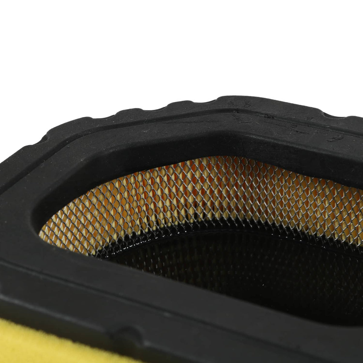 Lawn mower air filter with pleated mesh visible under black frame