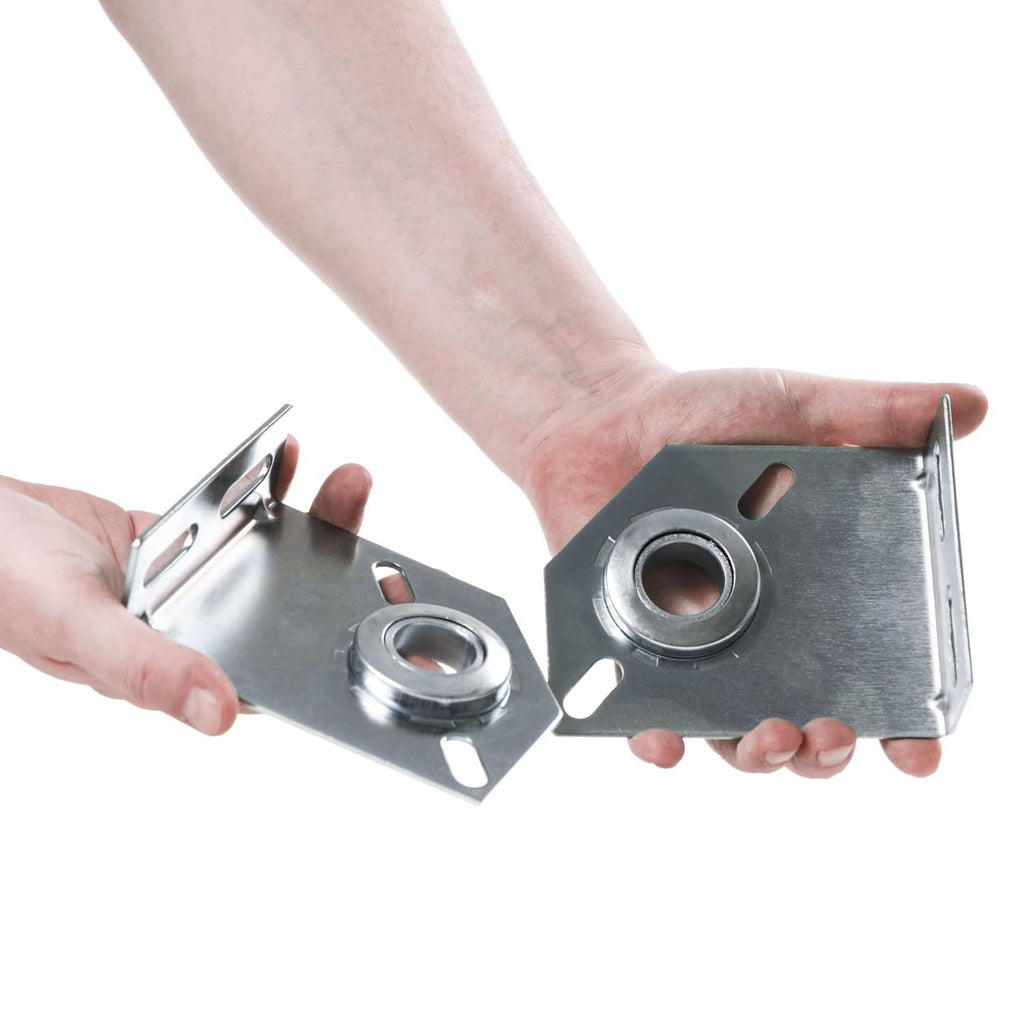 Hand installation of two silver garage door spring center bearing brackets with bearing cups