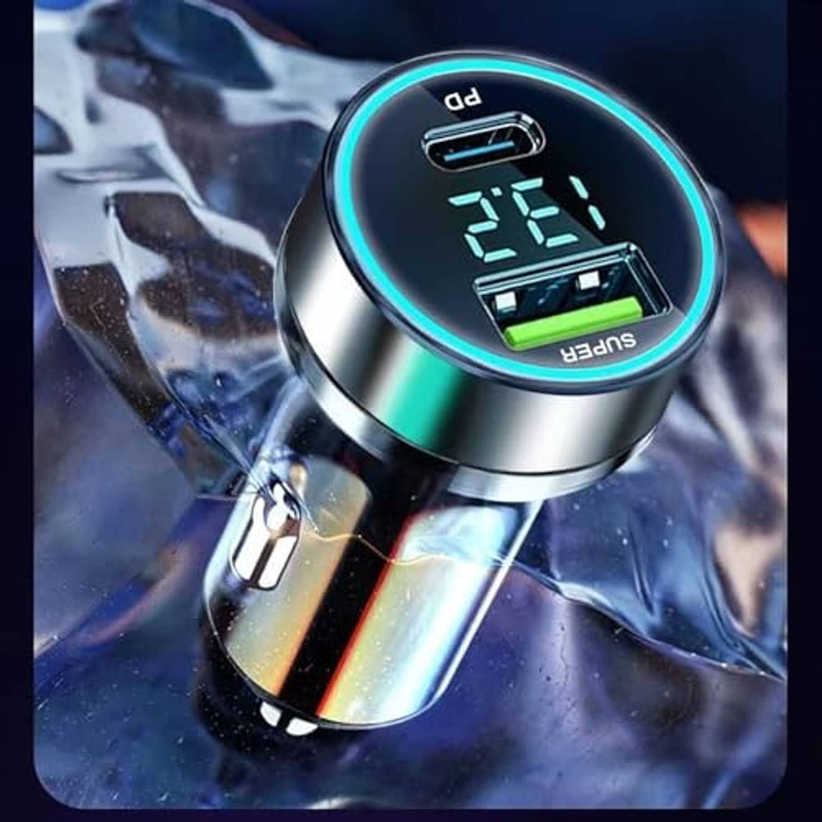 Round car charger adapter with USB-C and USB-A ports under glowing LED voltage screen