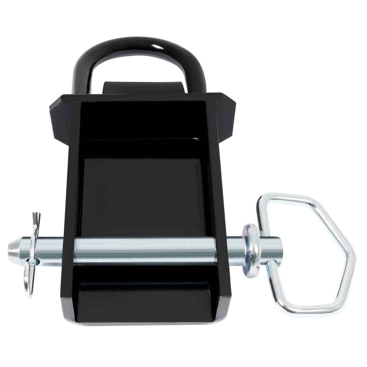 Removable stake pocket D-ring tie down, black bracket with silver bar and mounting pin