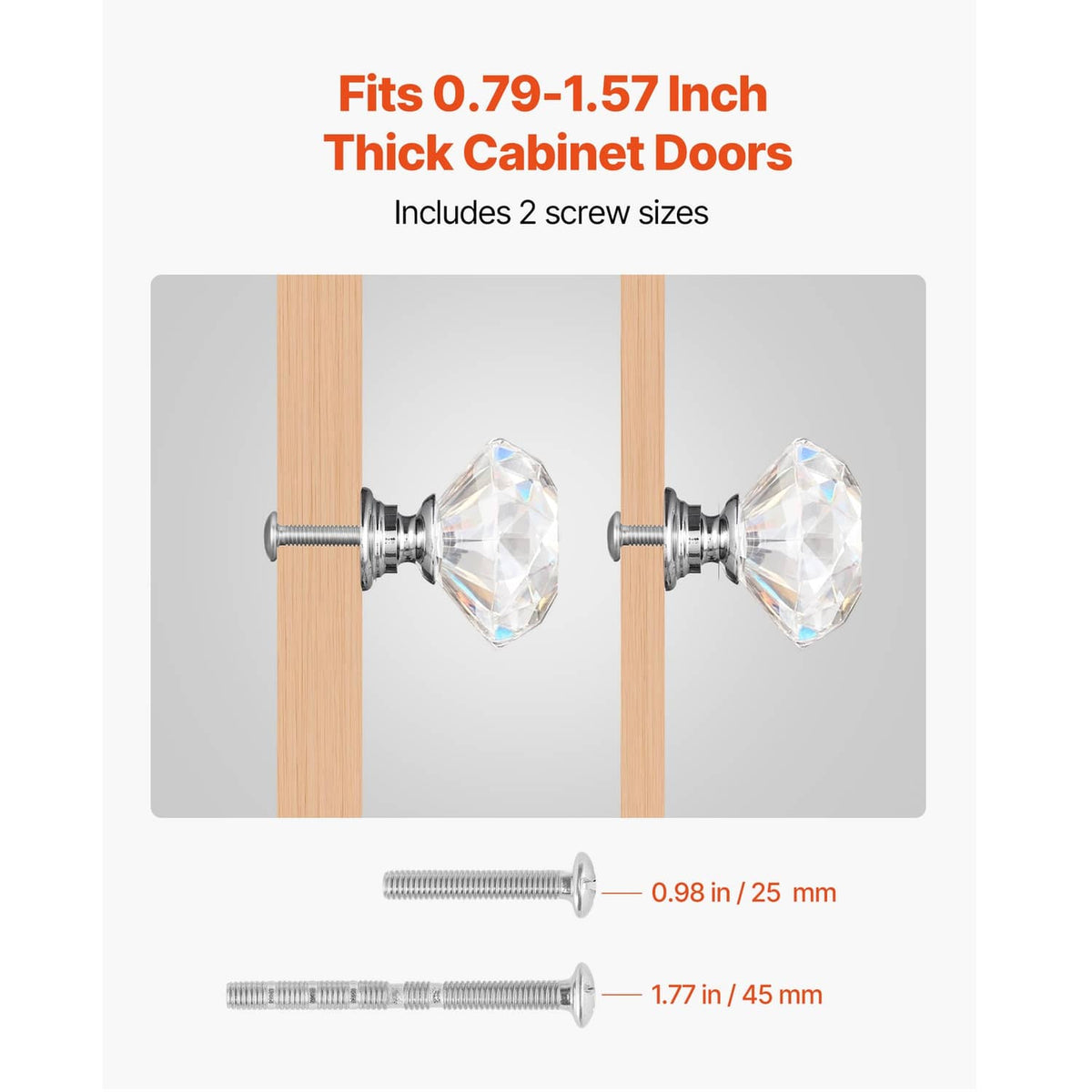 Acrylic diamond cabinet knob with chrome base; shown with mounting screws for thick doors.