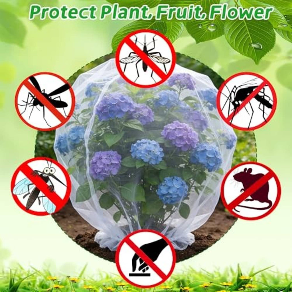 Clear white drawstring mesh plant cover over purple hydrangea in a pot