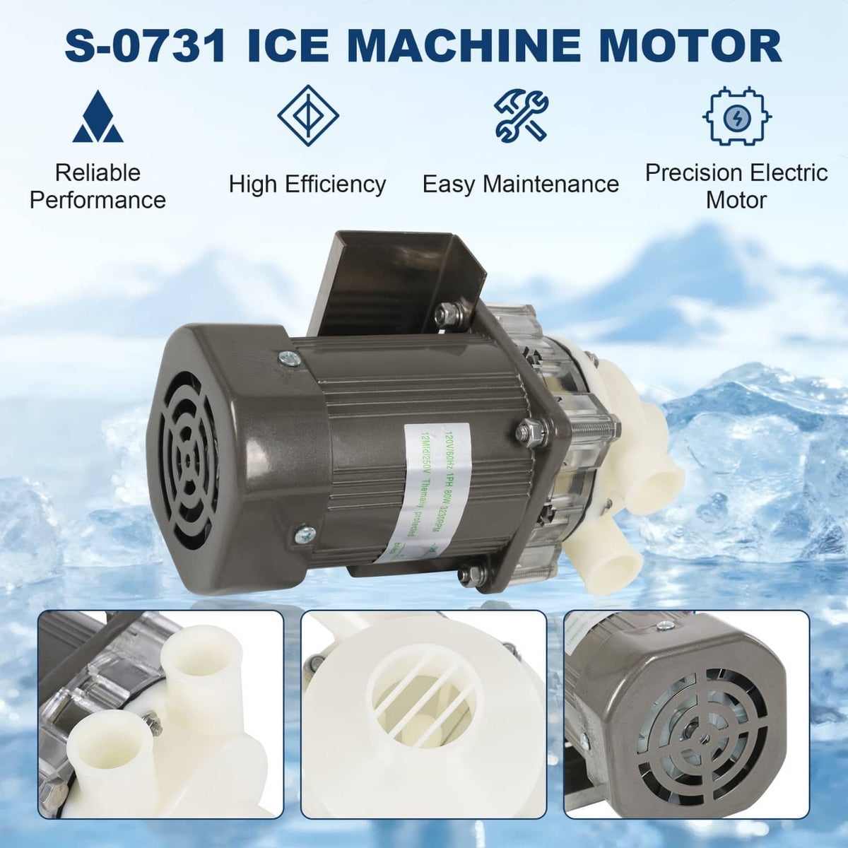Ice machine water pump motor assembly with front grille and white impeller outlet