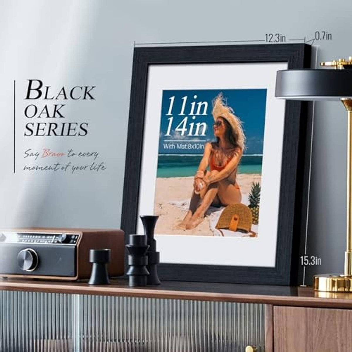 Black oak 11x14 wall-hanging picture frame with real glass and white mat insert.