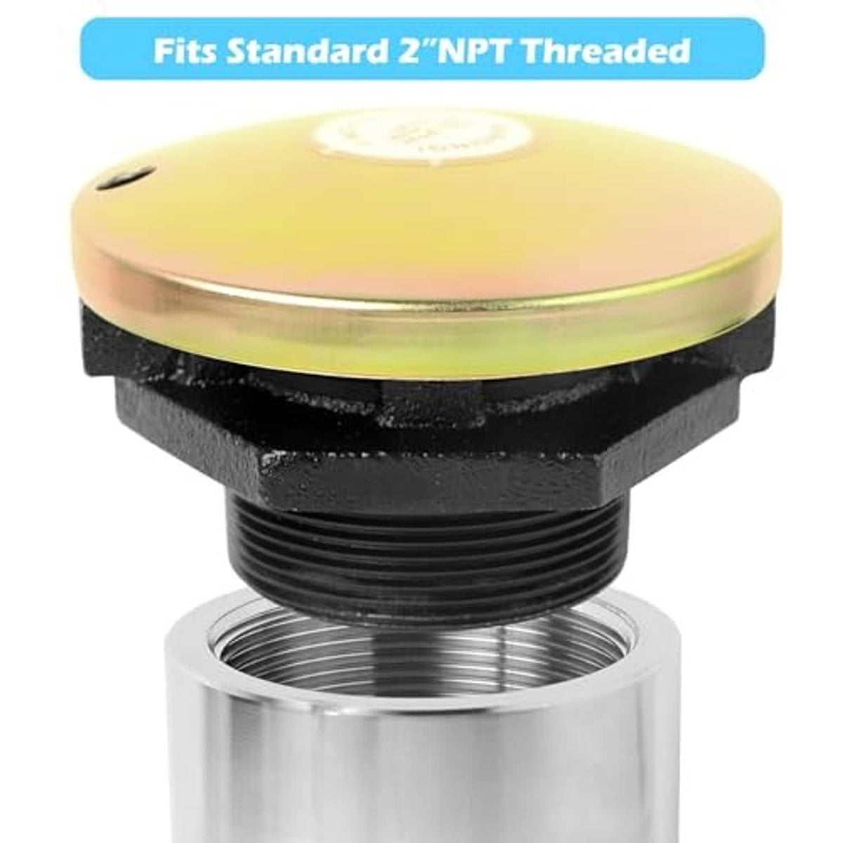 Vented fuel cap with gold-toned top and black threaded inlet, shown with open inner threads