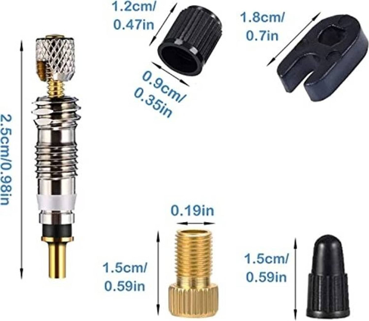 Valve core and adapter size diagram with black caps and brass threaded parts