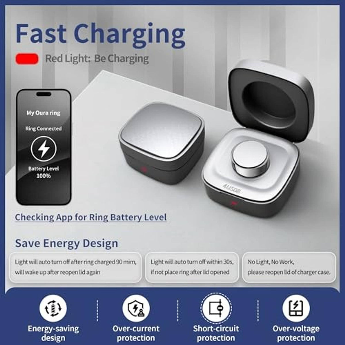 Smart ring charger case with lid open and front indicator lights for charging status