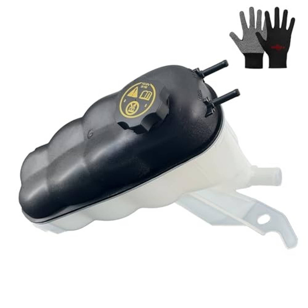 Coolant expansion tank with cap and sensor port, black cap on light reservoir, side bracket