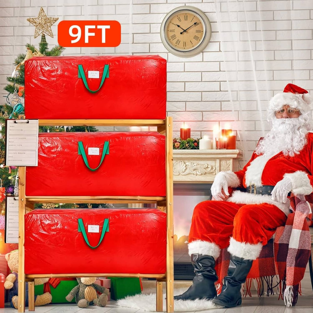 Red Christmas tree storage bag with green handles, shown stacked for organized storage
