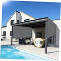 Outdoor pergola shade cover with dark gray fabric, weighted rods, and grommets on a metal frame