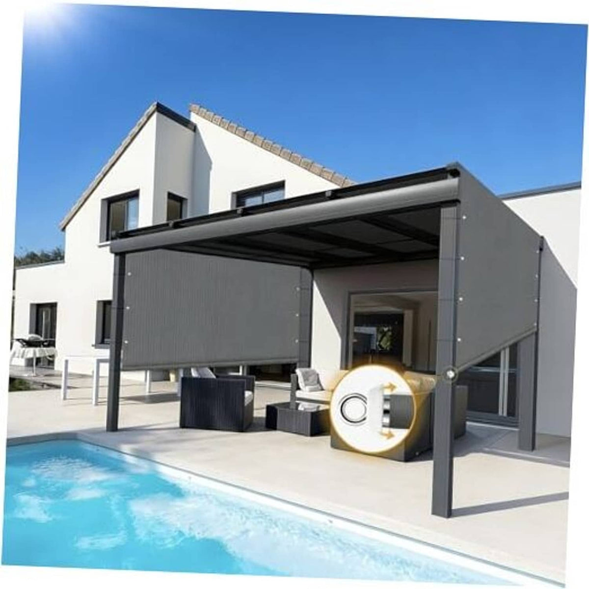 Outdoor pergola shade cover with dark gray fabric, weighted rods, and grommets on a metal frame