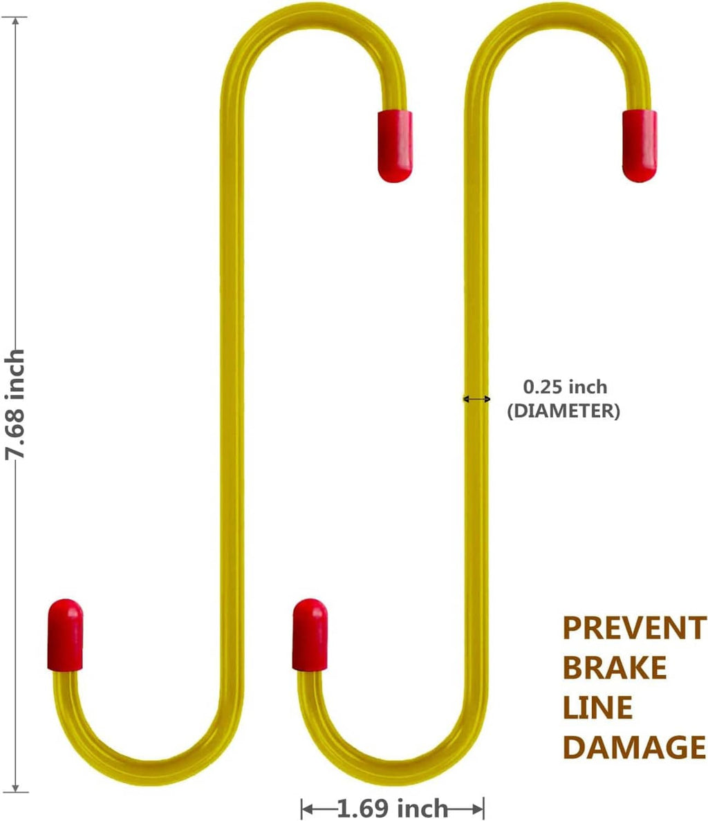 Two yellow U-shaped brake caliper hanger hooks with red rubber tips, size shown
