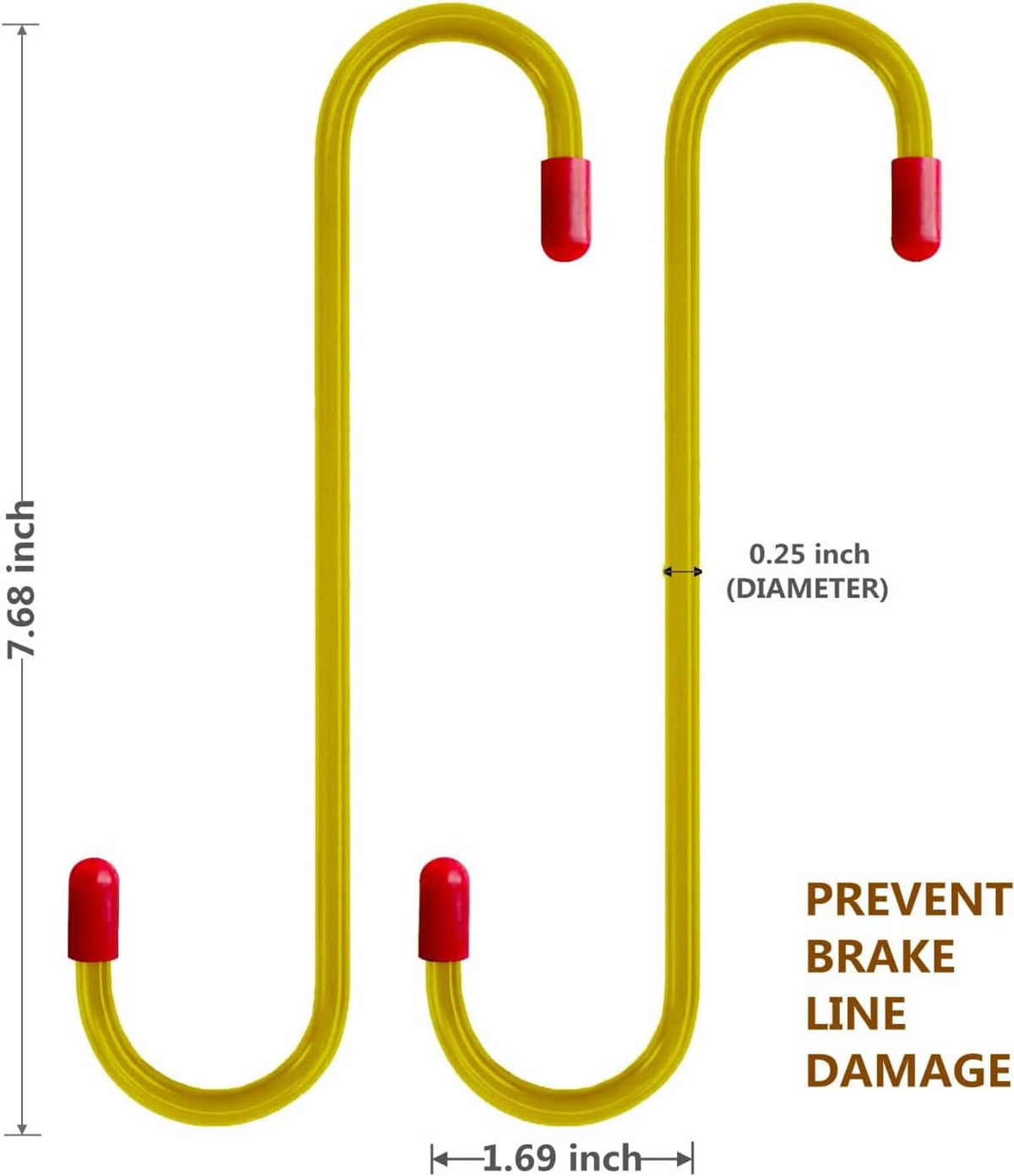 Two yellow U-shaped brake caliper hanger hooks with red rubber tips, size shown