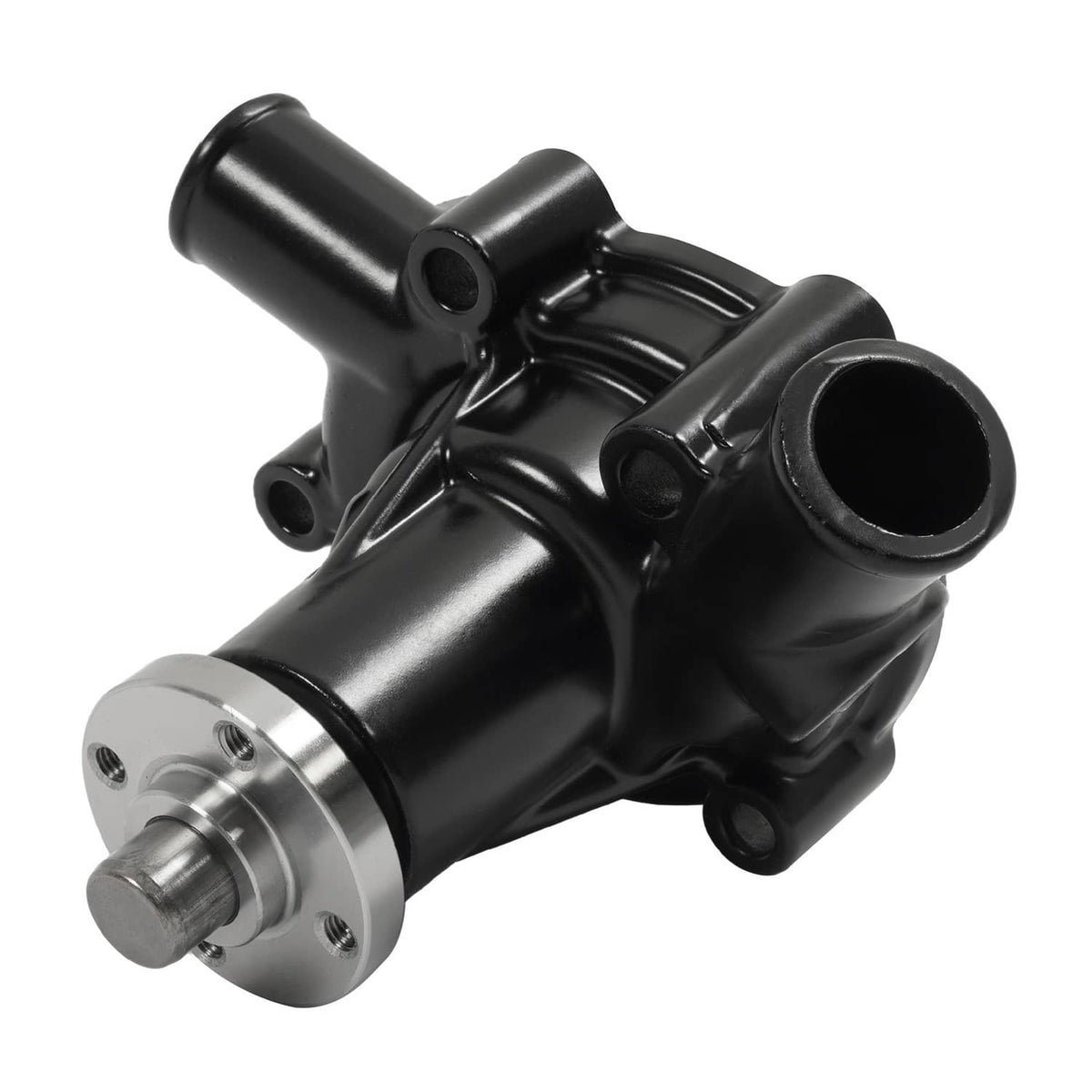 Water pump housing with black pipes and silver front flange, close-up view