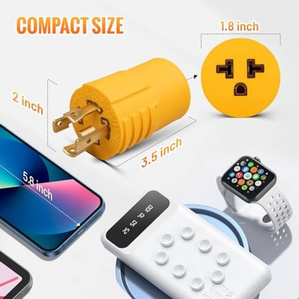 Compact yellow generator adapter plug with 4 prongs and round outlet opening