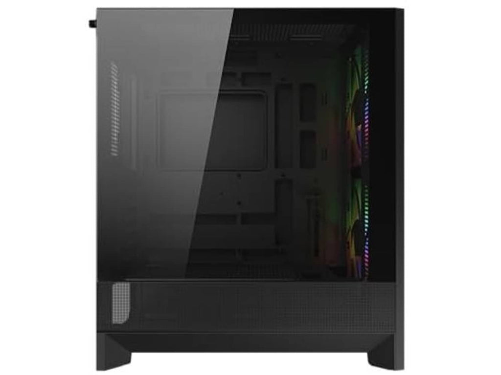Black ATX mid-tower case with vented side panel and interior components visible