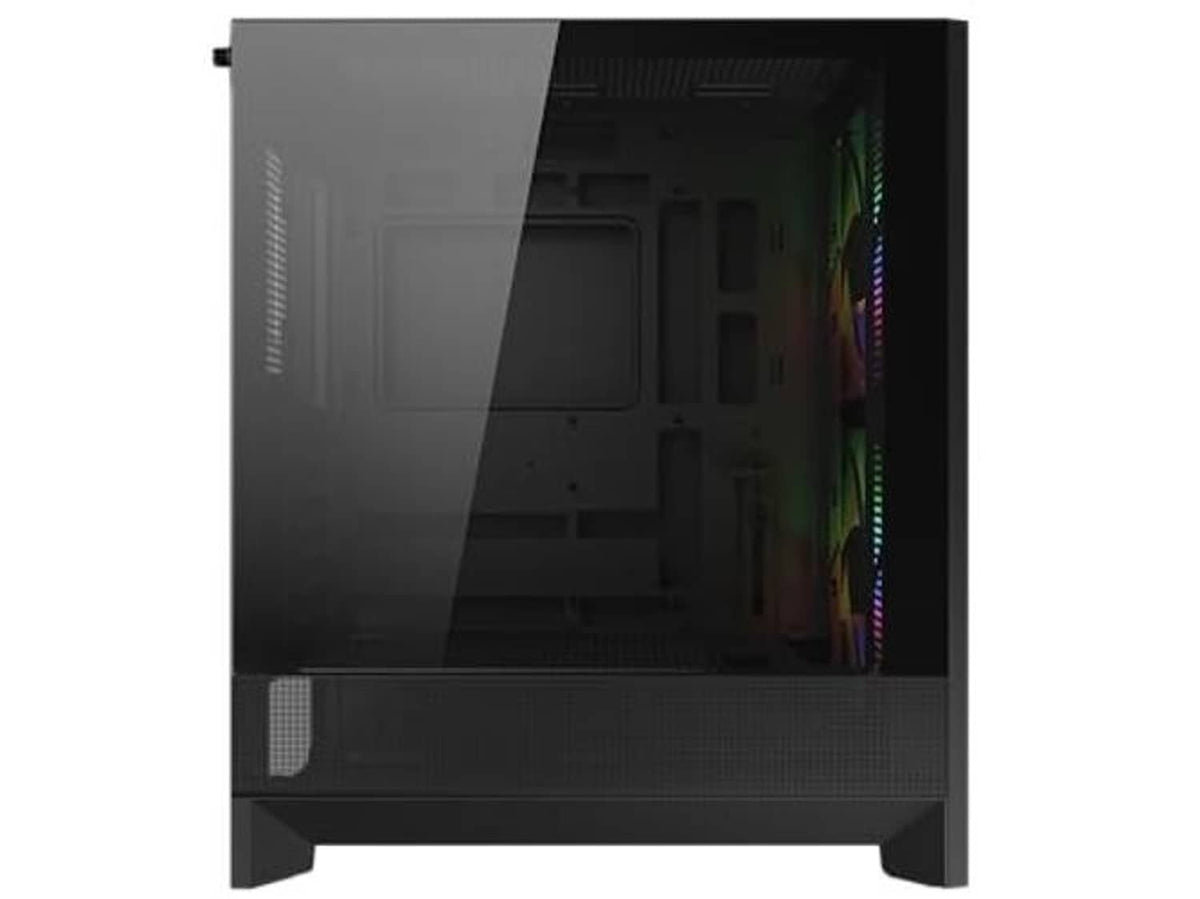 Black ATX mid-tower case with vented side panel and interior components visible