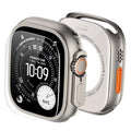 Clear screen protector with natural titanium metal bezel on Apple Watch