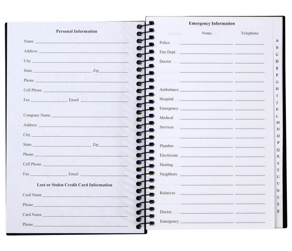 Open address & telephone book showing personal and emergency information pages