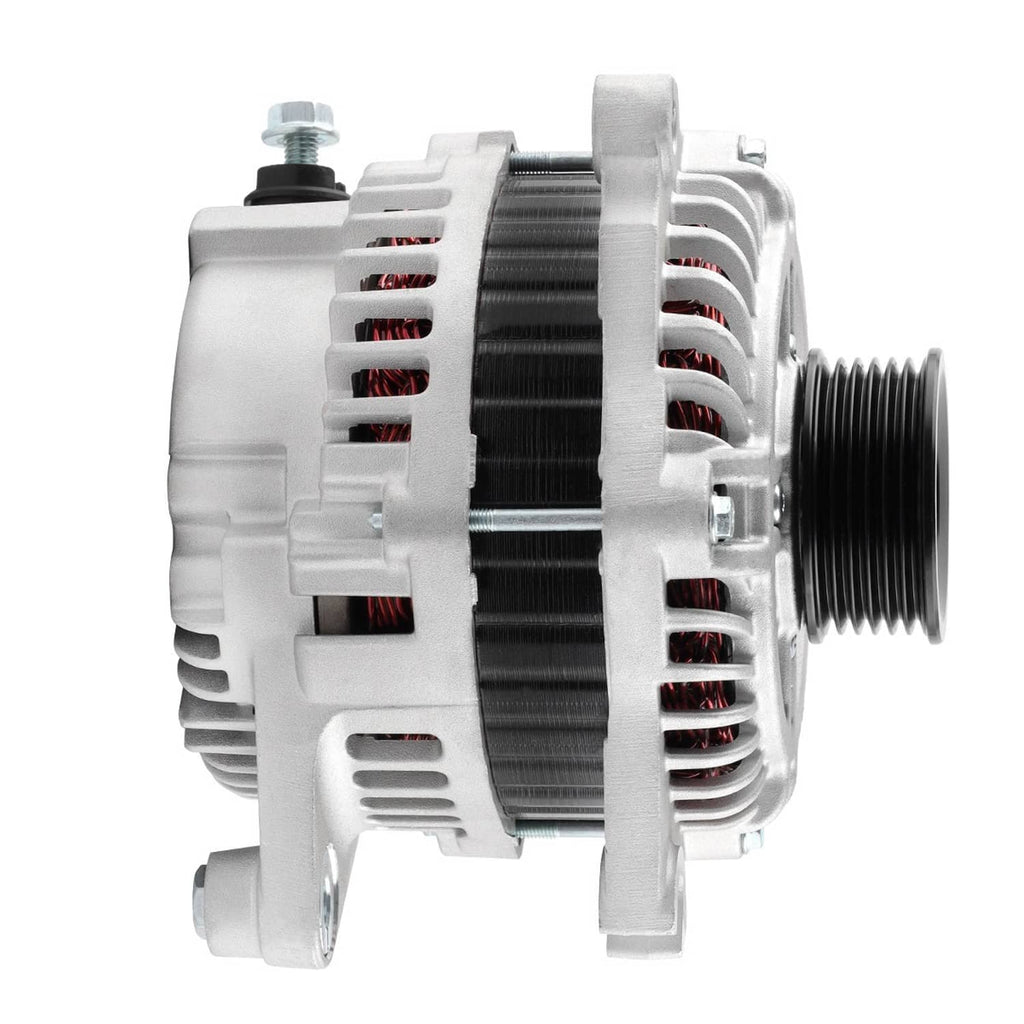 Alternator rear side view with threaded studs and grooved pulley; white housing