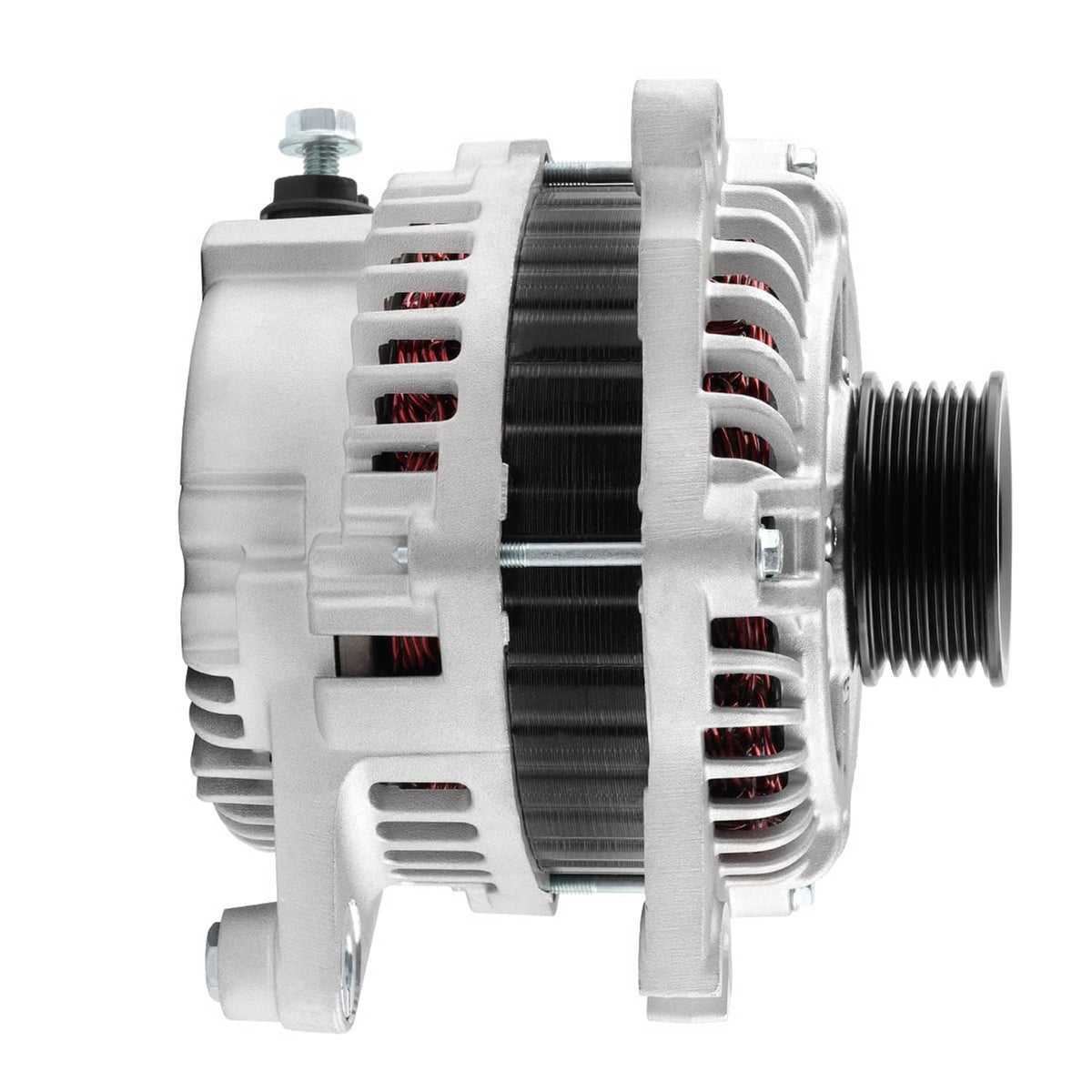 Alternator rear side view with threaded studs and grooved pulley; white housing