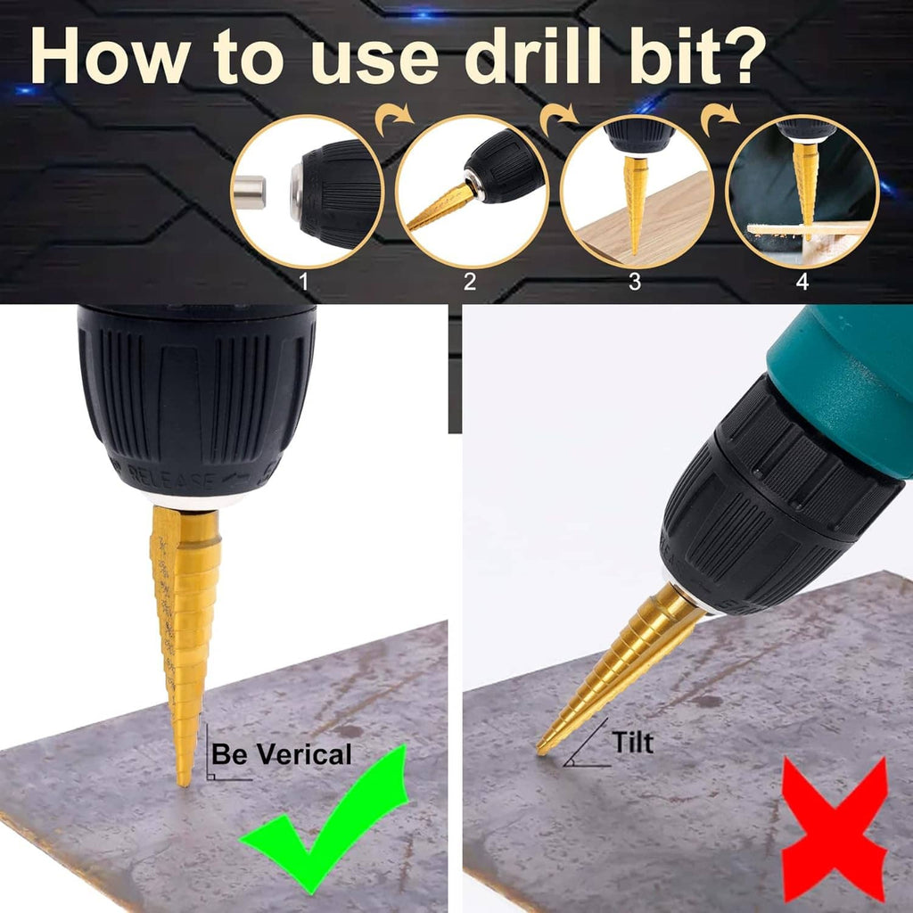 Step drill bit drilling downward into metal sheet; shows recommended vertical use