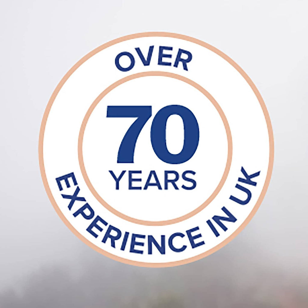 Circular “70 years experience in UK” badge