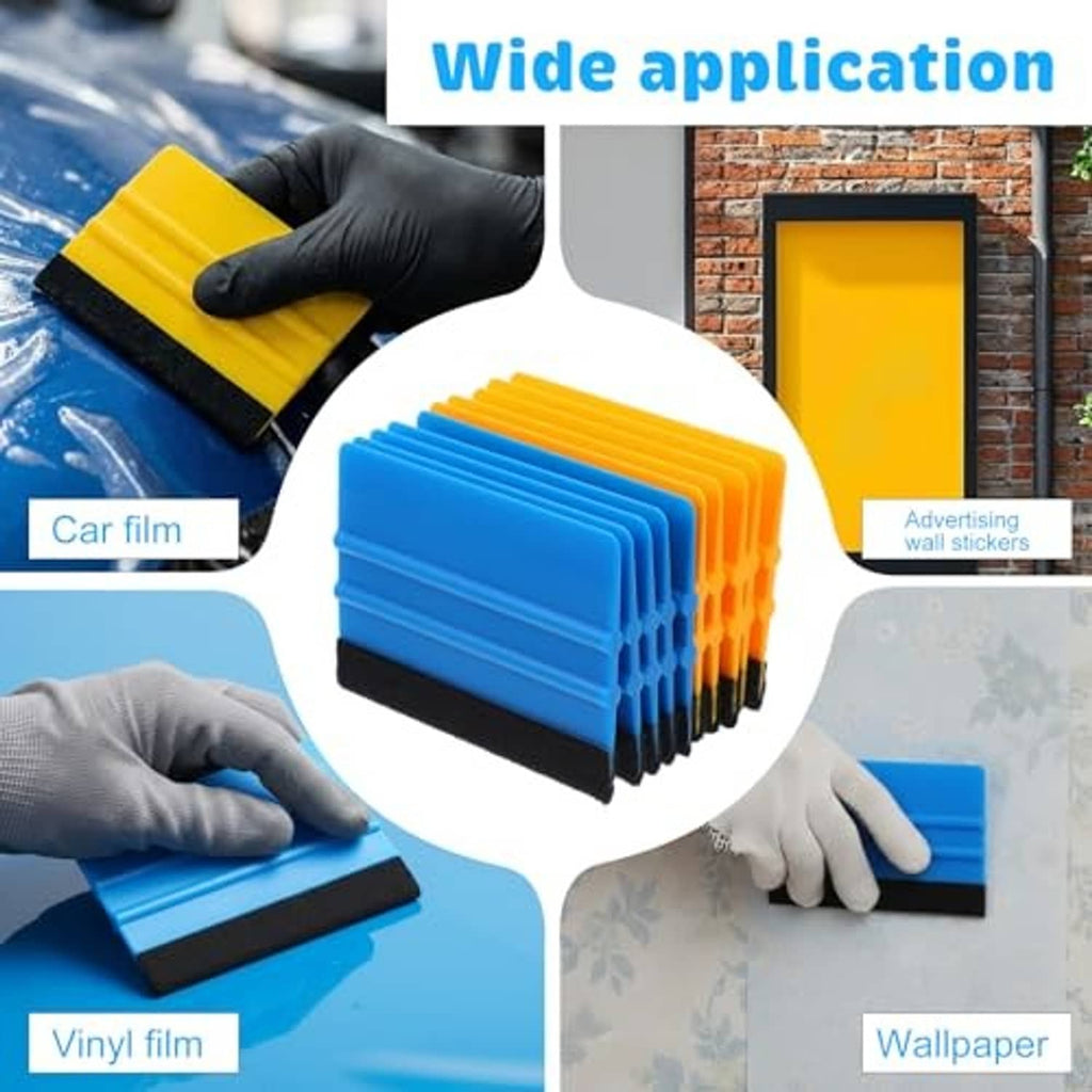 Assorted vinyl squeegees with felt edge in blue and yellow, stacked in set