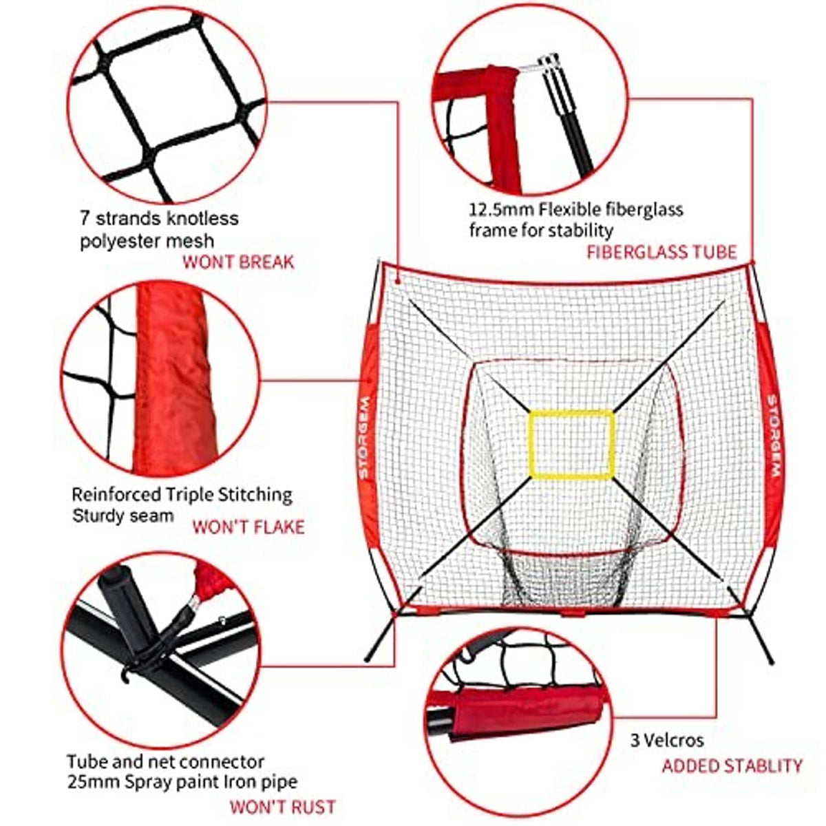 Red practice net with yellow strike-zone target and black cross-brace on frame