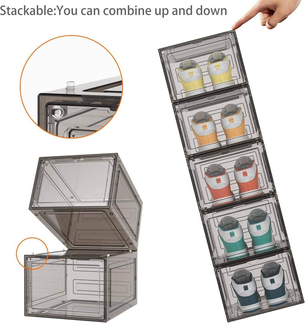 Stackable clear shoe organizer boxes with open lids showing compartments for multiple shoes