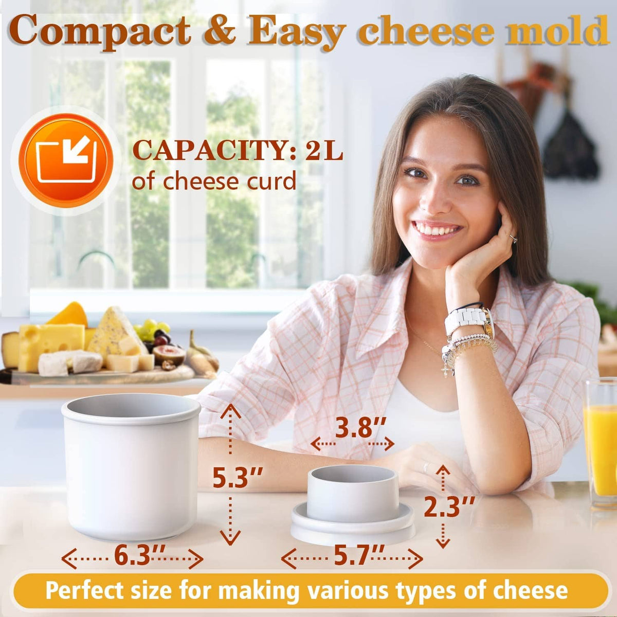 White compact cheese mold and follower press, labeled capacity 2L on infographic
