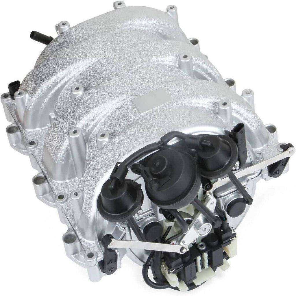 Intake manifold assembly with black valve cover detail and silver metal casing