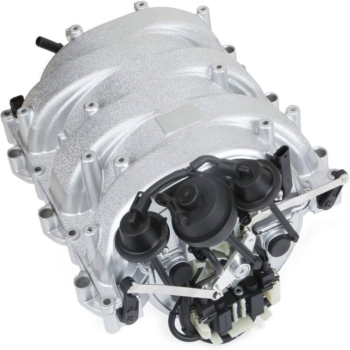 Intake manifold assembly with black valve cover detail and silver metal casing