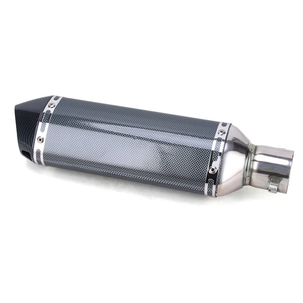 Carbon-fiber style motorcycle exhaust muffler with slip-on clamp and stainless end cap