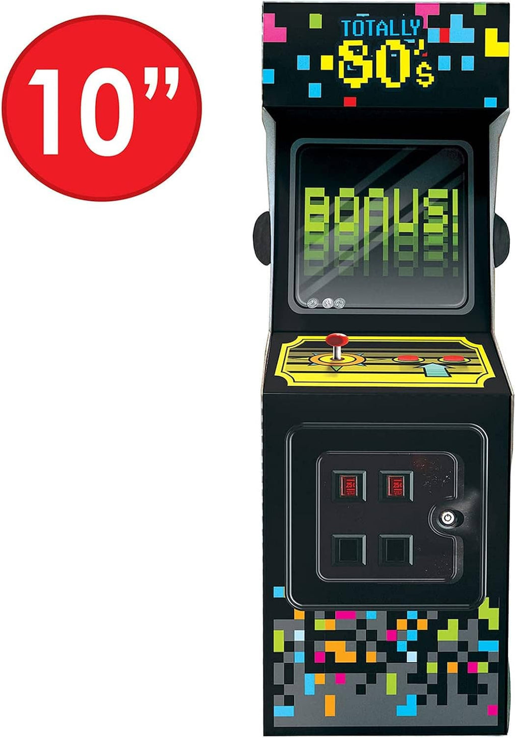 3D arcade video game centerpiece, black with glowing “BONUS” screen and yellow control panel