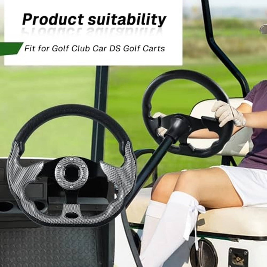 Golf cart steering wheel accessory shown installed on a golf cart with center hub