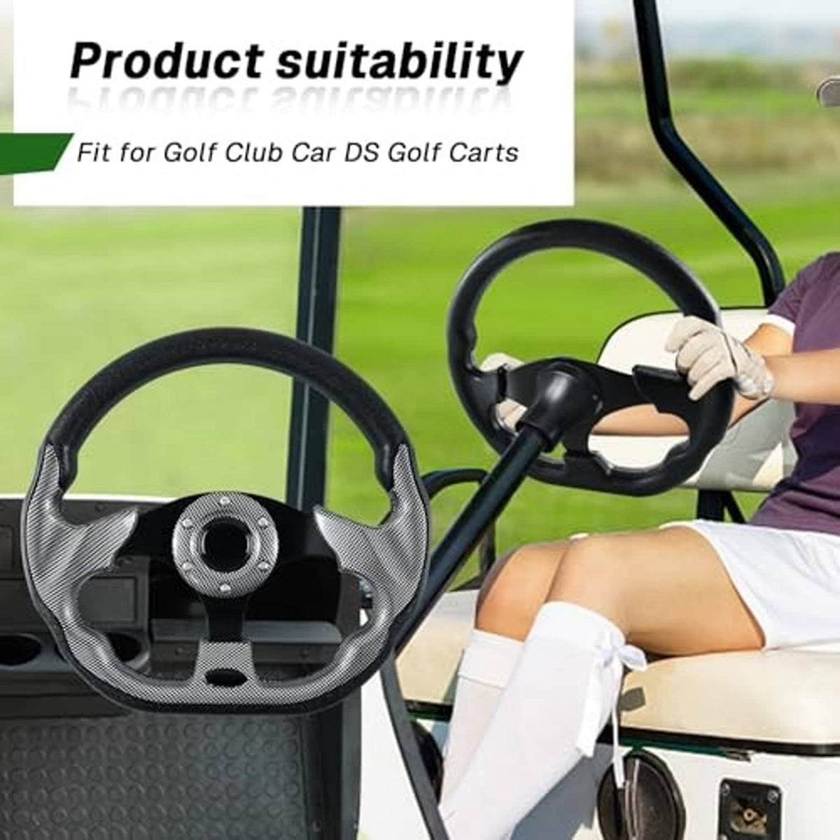 Golf cart steering wheel accessory shown installed on a golf cart with center hub