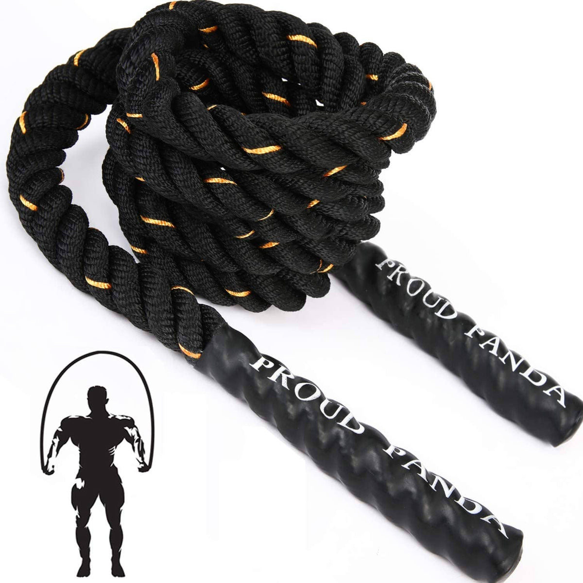 Black weighted jump rope with orange accents and PROUD PANDA branding on handles.