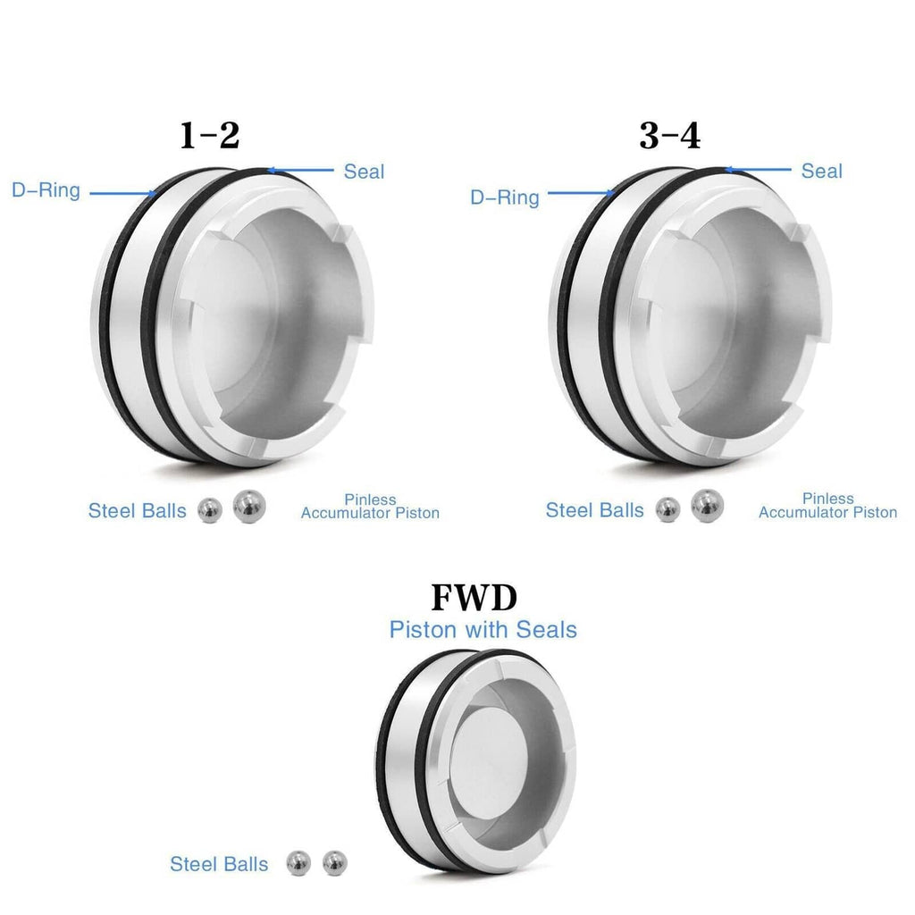 FWD forward accumulator piston with seals diagram: D-ring and steel balls shown