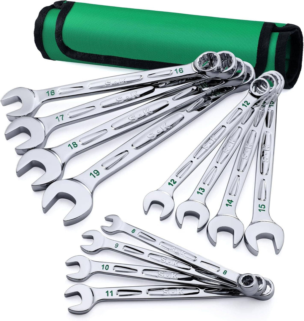 Green fabric roll with chrome 12-point combination wrenches, 8–19mm, 12-piece