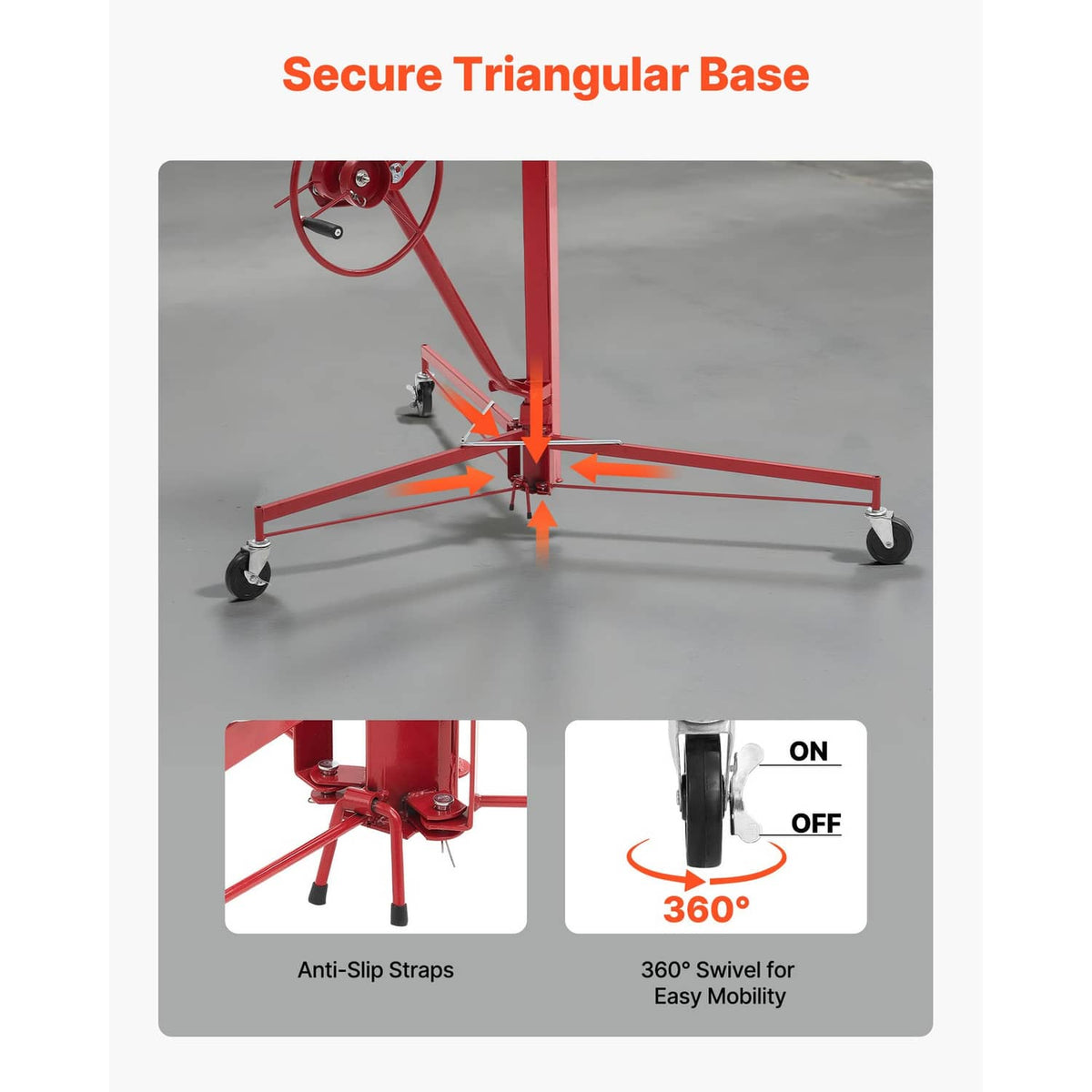 Red drywall hoist base with anti-slip straps and 360° swivel for easy movement