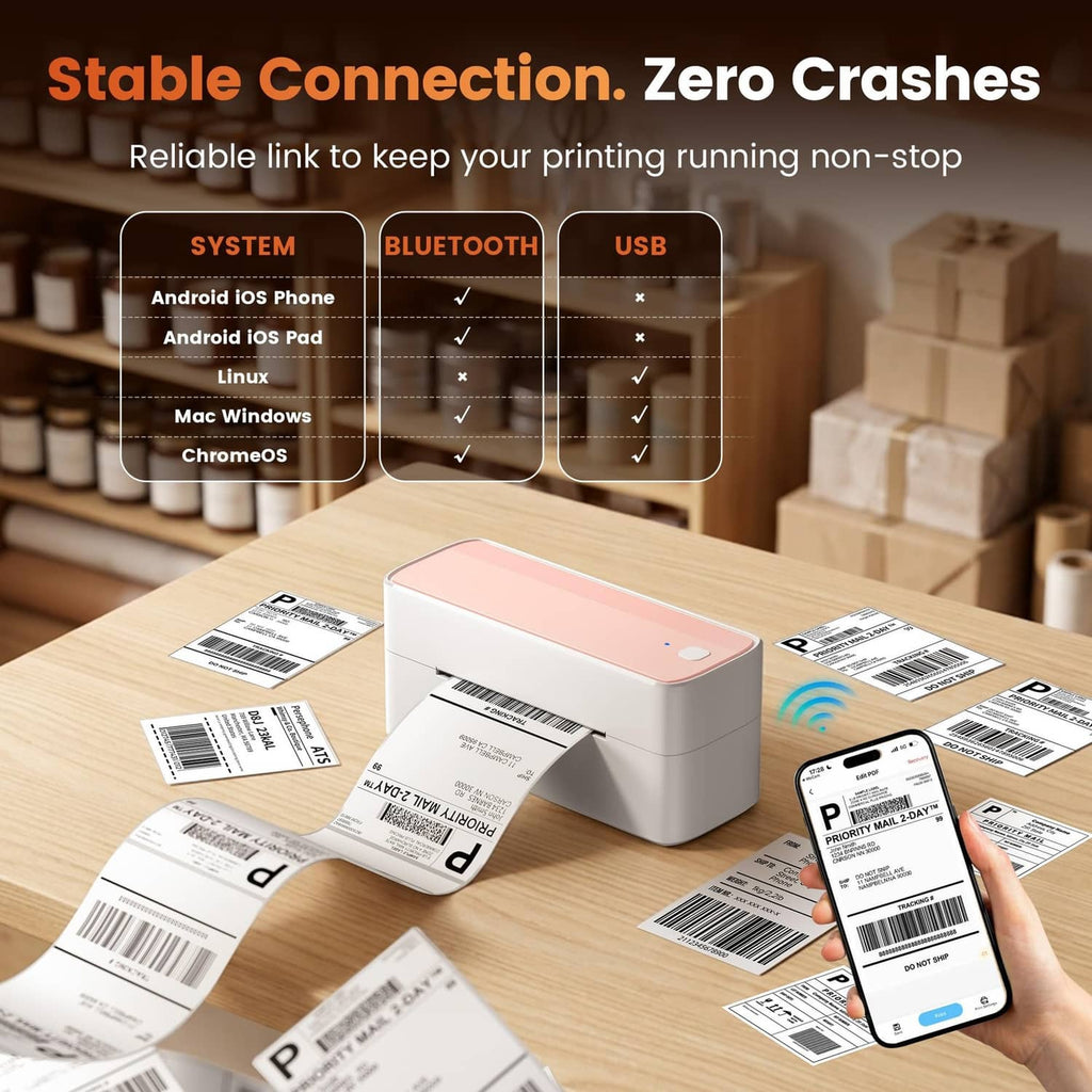 Pink-and-white shipping label printer with labels, phone, and wireless connection icons