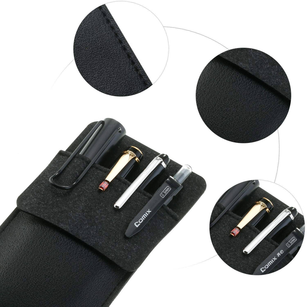 Black leather pen pouch with textured finish and front loop holding pens