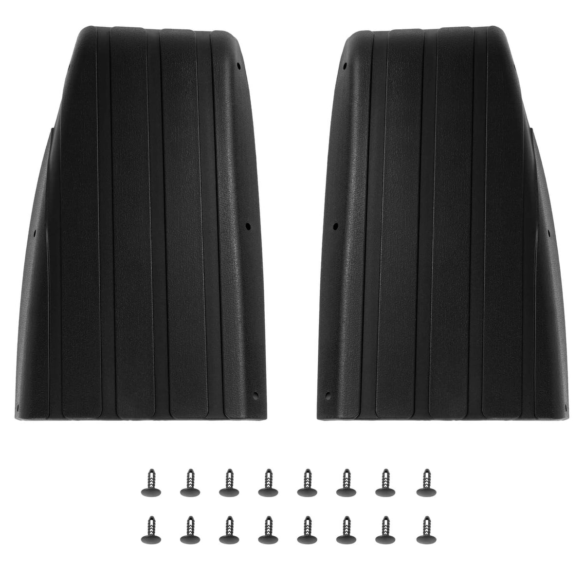 Pair of black ribbed scuff guards for golf cart, shown front view with holes