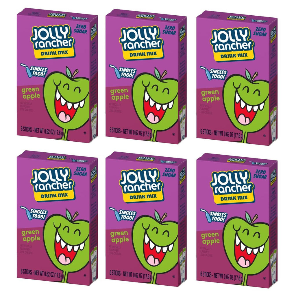 Purple Jolly Rancher green apple drink mix box with smiling green apple character