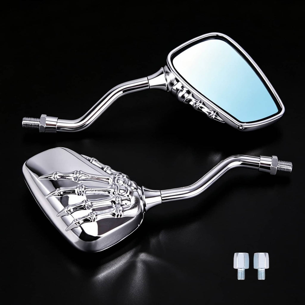 Chrome skull-hand rearview mirrors with rectangular reflective glass, curved stems, and threaded mounts